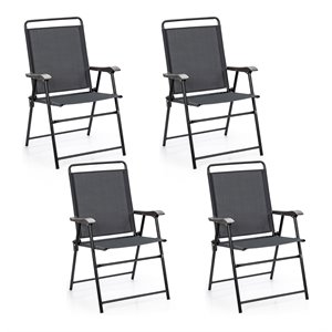 costway iron and fabric patio folding chair with armrest in gray (set of 4)