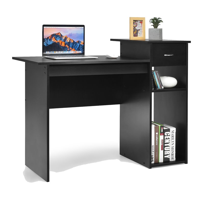 Costway Contemporary Particle Board Computer Desk w/ 2 Shelves in Black