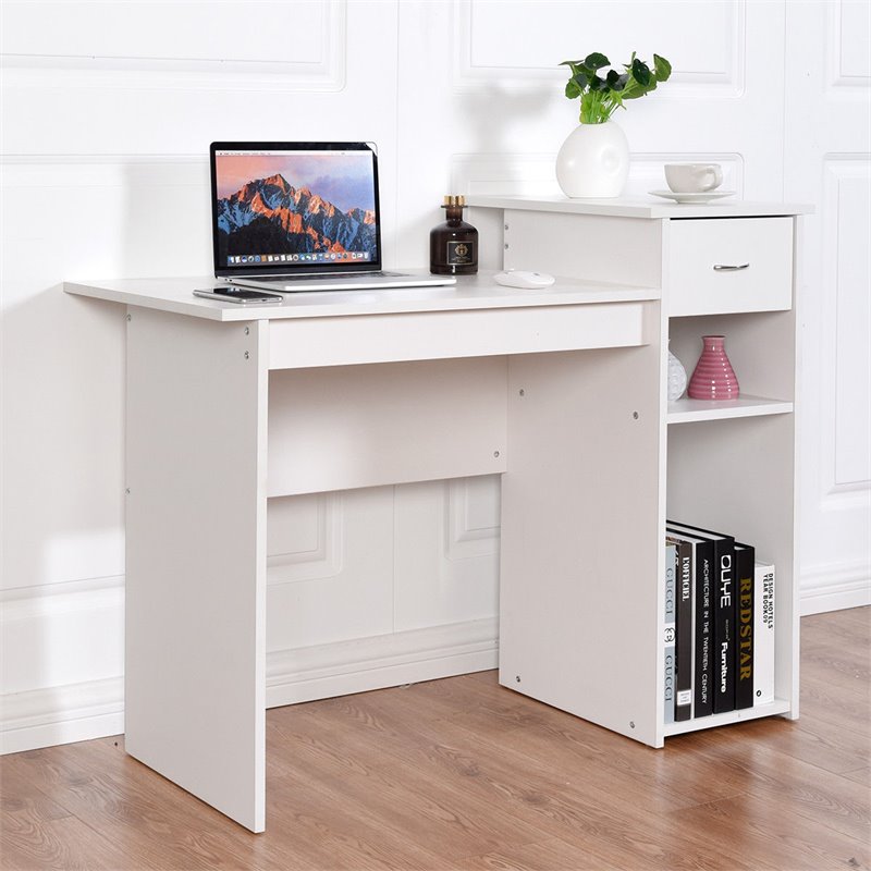 Costway Contemporary Particle Board Computer Desk w/ 2 Open Shelves in White