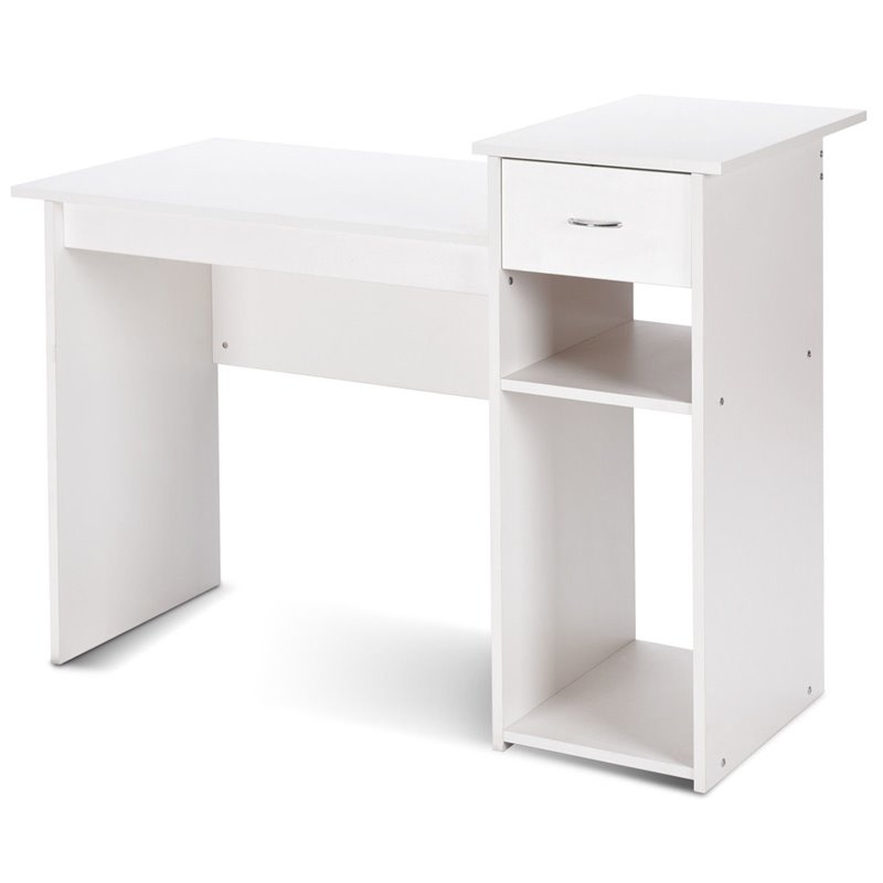 Costway Contemporary Particle Board Computer Desk w/ 2 Open Shelves in White