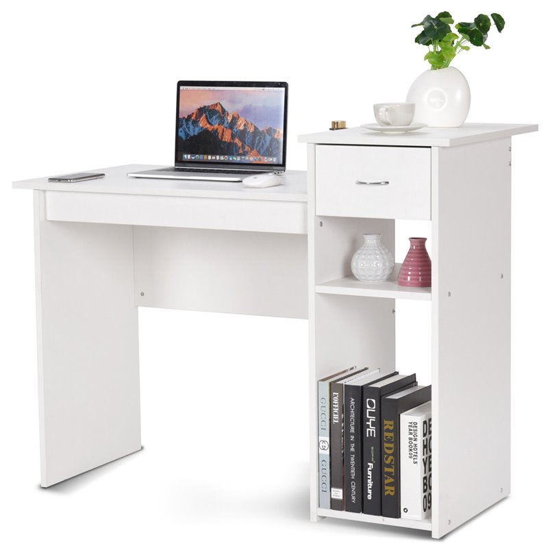Costway Contemporary Particle Board Computer Desk w/ 2 Open Shelves in White