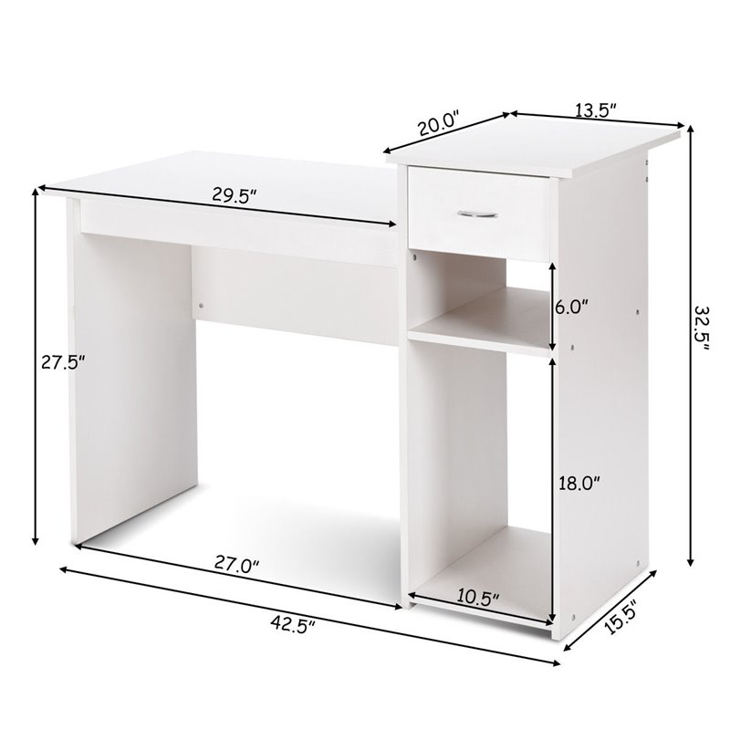 Costway Contemporary Particle Board Computer Desk w/ 2 Open Shelves in White