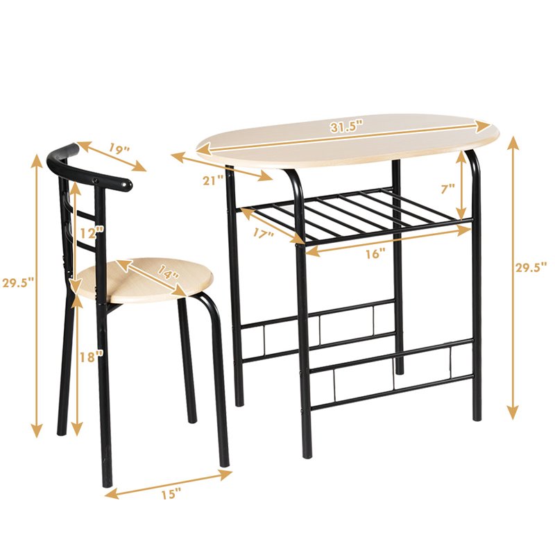 Costway 3-piece MDF and Steel Dining Set with Table and 2 Chairs in Natural