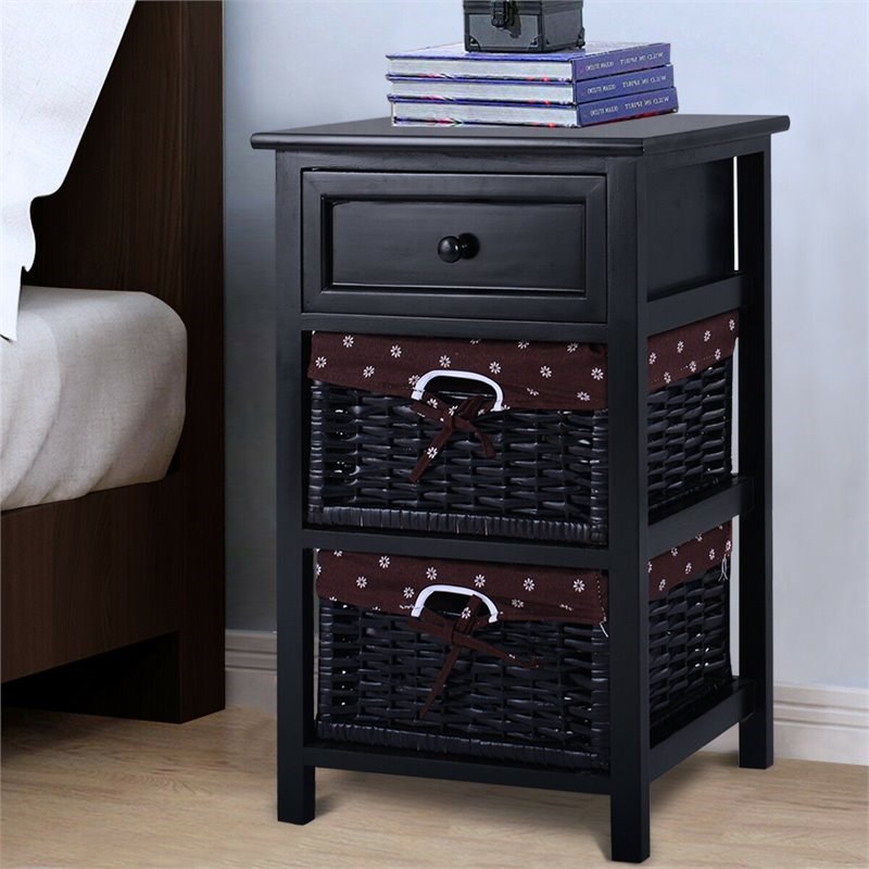 Costway 3-tier Contemporary Wood Nightstand with 2 Baskets and 1 Drawer in Black
