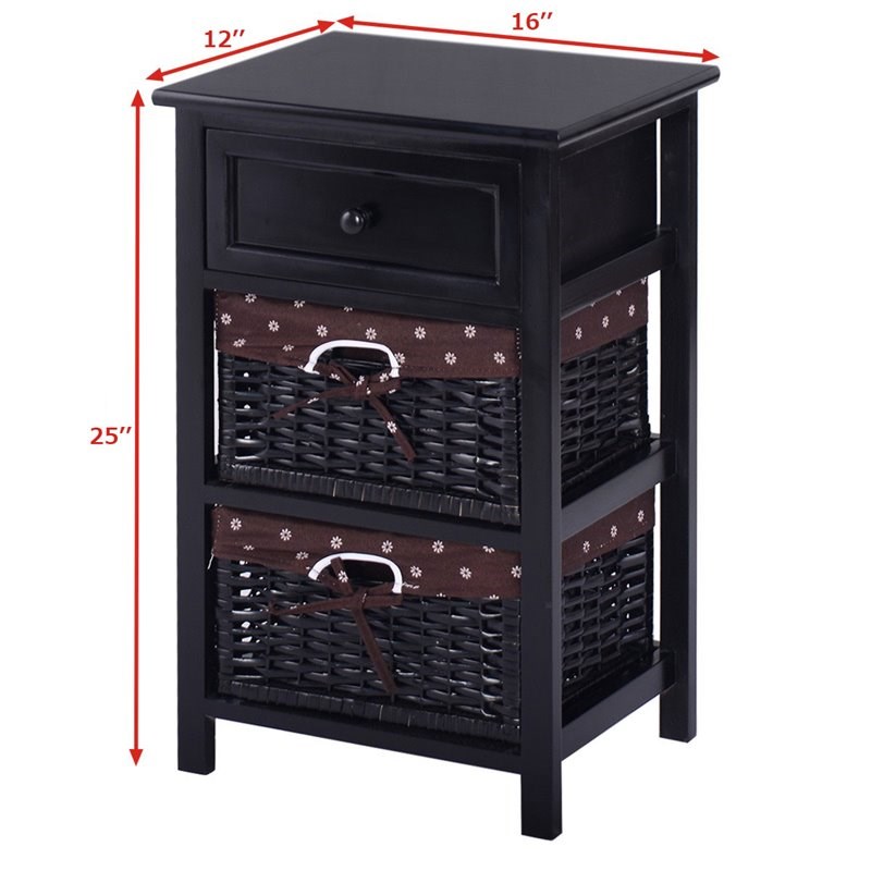 Costway 3-tier Contemporary Wood Nightstand with 2 Baskets and 1 Drawer in Black