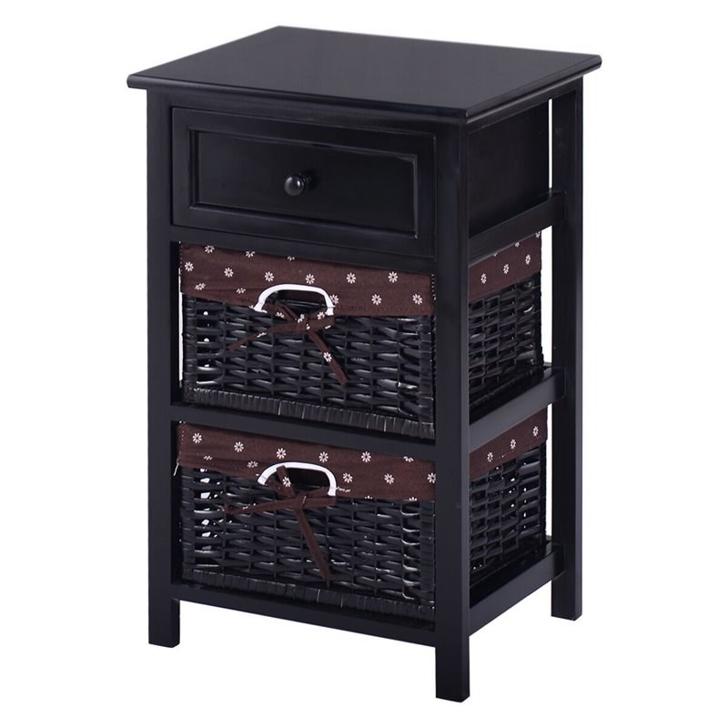 Costway 3-tier Contemporary Wood Nightstand with 2 Baskets and 1 Drawer in Black