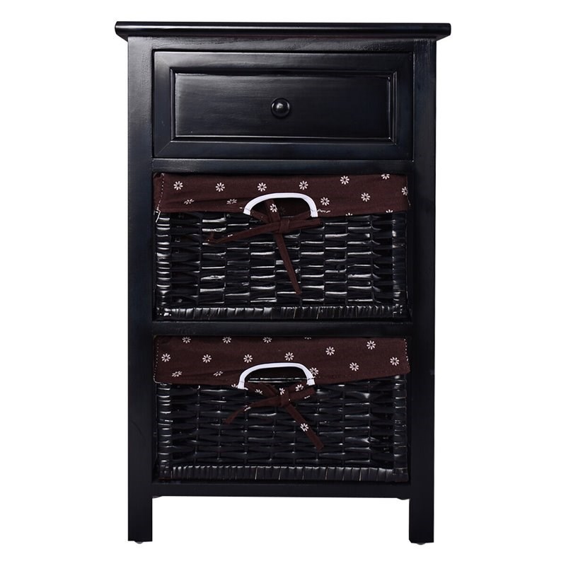 Costway 3-tier Contemporary Wood Nightstand with 2 Baskets and 1 Drawer in Black