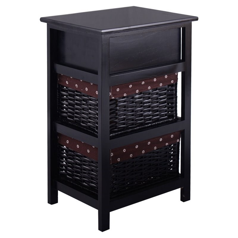 Costway 3-tier Contemporary Wood Nightstand with 2 Baskets and 1 Drawer in Black