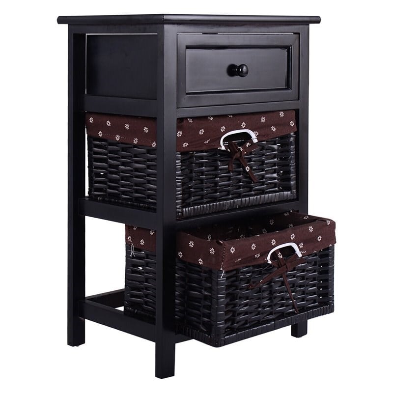 Costway 3-tier Contemporary Wood Nightstand with 2 Baskets and 1 Drawer in Black