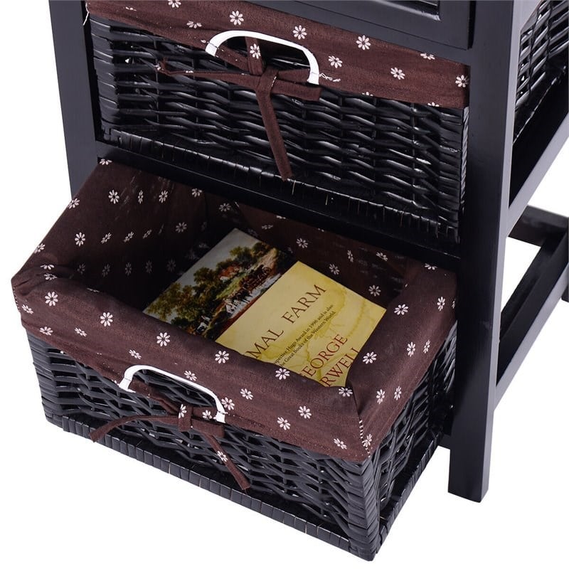 Costway 3-tier Contemporary Wood Nightstand with 2 Baskets and 1 Drawer in Black