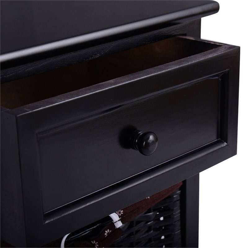 Costway 3-tier Contemporary Wood Nightstand with 2 Baskets and 1 Drawer in Black