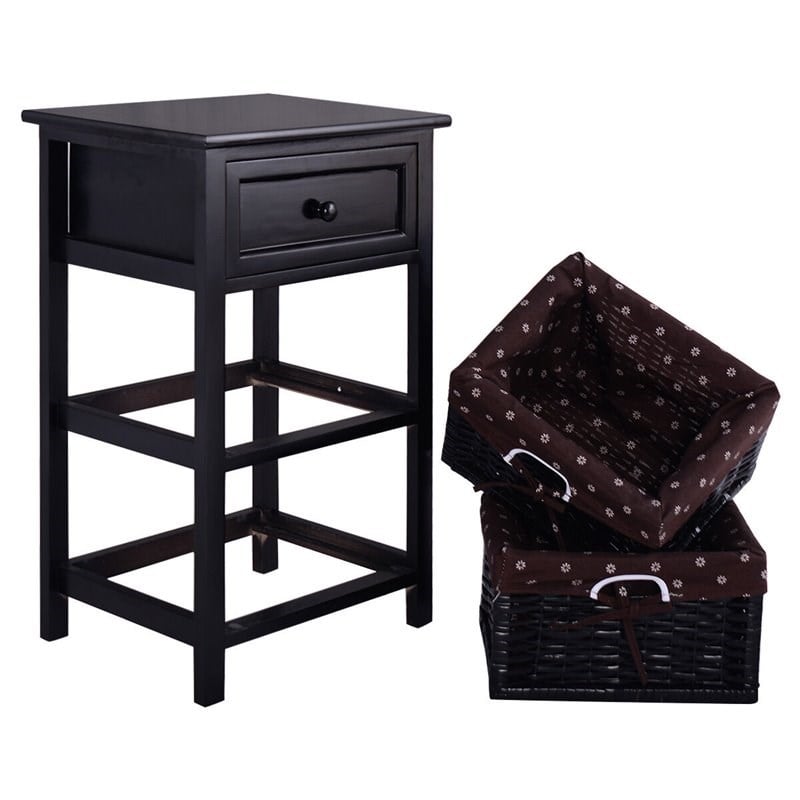 Costway 3-tier Contemporary Wood Nightstand with 2 Baskets and 1 Drawer in Black