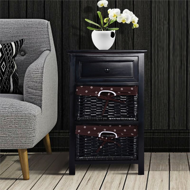 Costway 3-tier Contemporary Wood Nightstand with 2 Baskets and 1 Drawer in Black