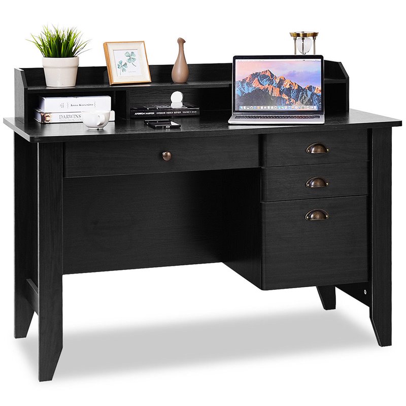 Costway Contemporary MDF Computer Desk with 3 Side Drawers in Black Finish