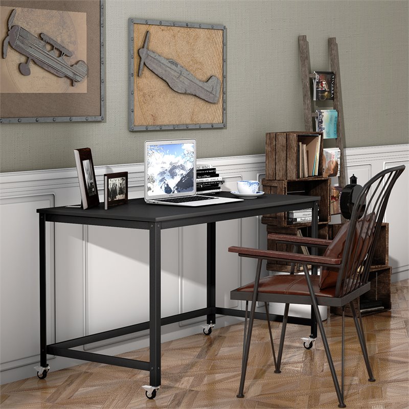 Costway Contemporary Particleboard and Steel Rolling Computer Desk in Black