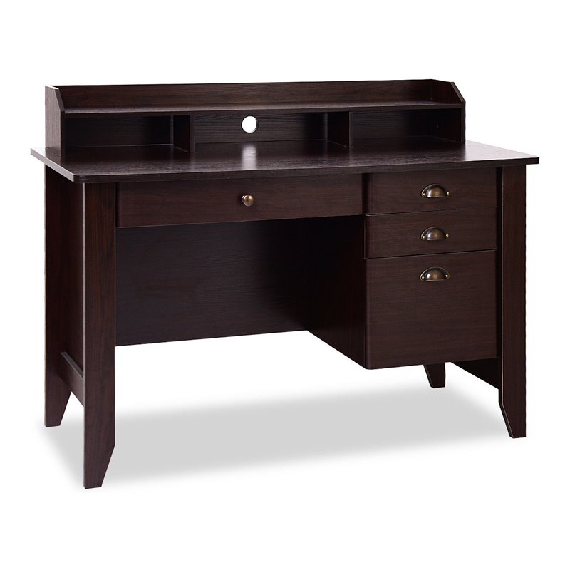 Costway Contemporary MDF Computer Desk with 3 Side Drawers in Brown