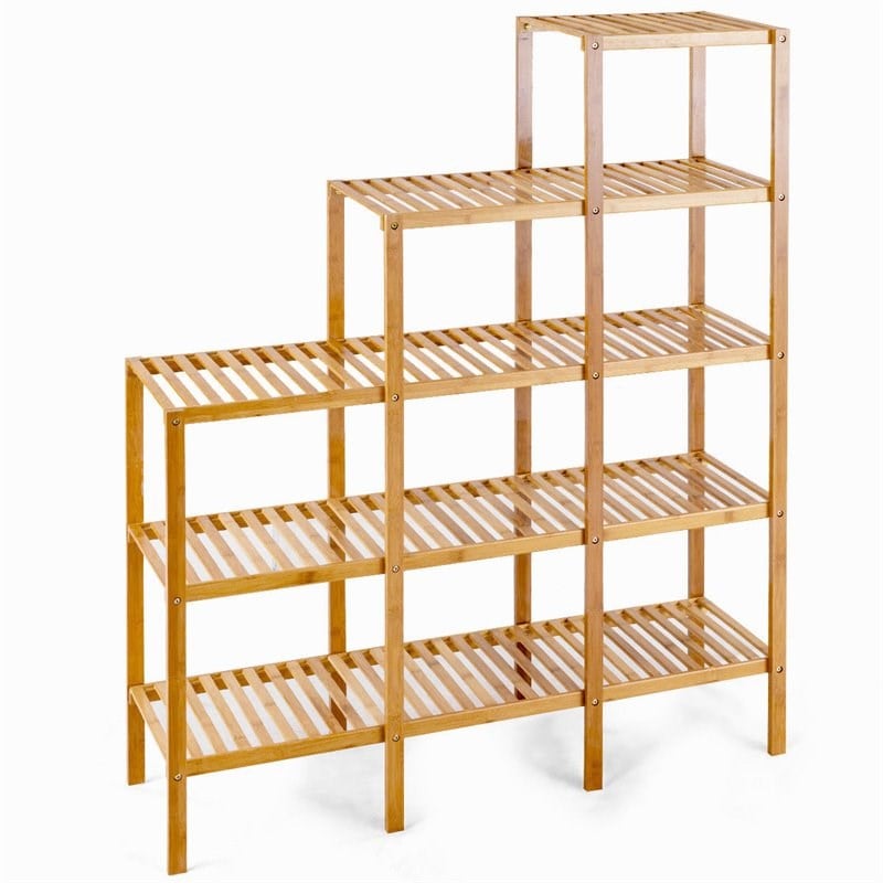 Costway Contemporary Bamboo Multifunctional Shelf with 12 Pots in Natural