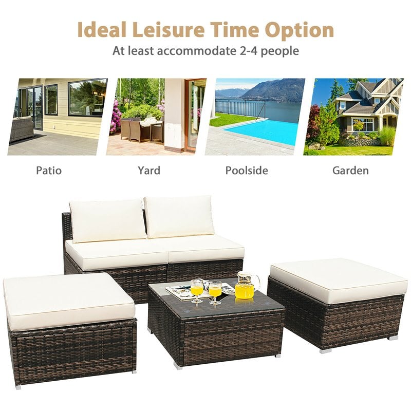 Costway 5-piece Contemporary Rattan and Steel Patio Sofa Set in White