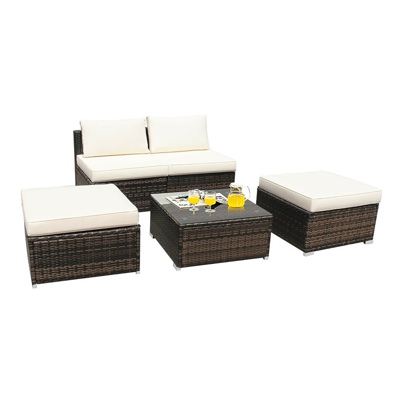 Costway 5-piece Contemporary Rattan and Steel Patio Sofa Set in White