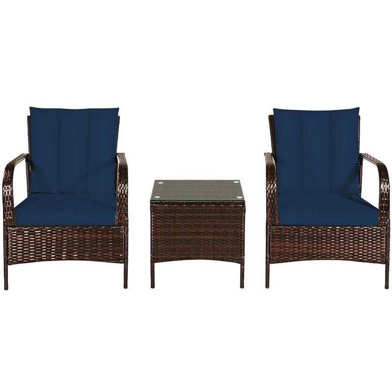 Costway 3-piece Contemporary Rattan and Steel Patio Bistro Set in Navy