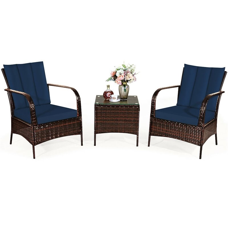 Costway 3-piece Contemporary Rattan and Steel Patio Bistro Set in Navy