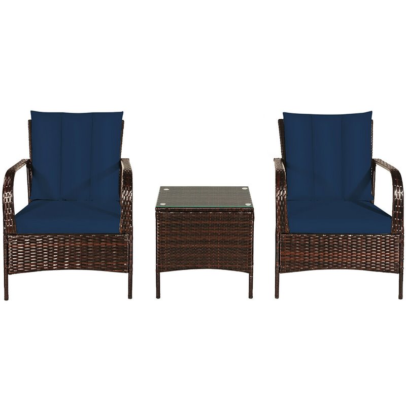 Costway 3-piece Contemporary Rattan and Steel Patio Bistro Set in Navy Finish