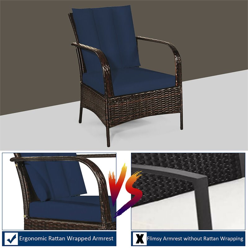 Costway 3-piece Contemporary Rattan and Steel Patio Bistro Set in Navy Finish