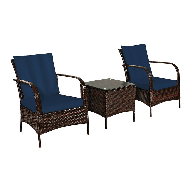 Costway 3-piece Contemporary Rattan and Steel Patio Bistro Set in Navy Finish
