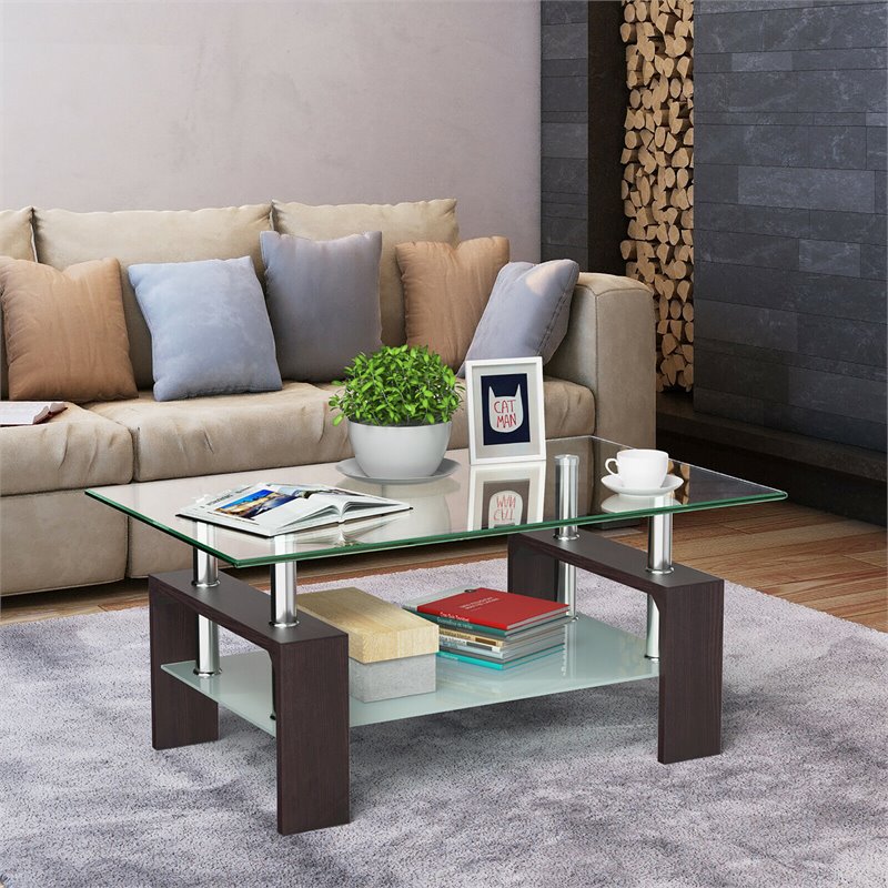 Costway Rectangular Tempered Glass and Wood Coffee Table with Shelf in Brown