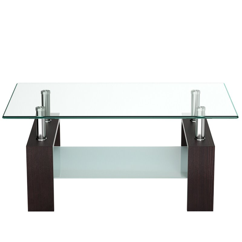 Costway Rectangular Tempered Glass and Wood Coffee Table with Shelf in Brown