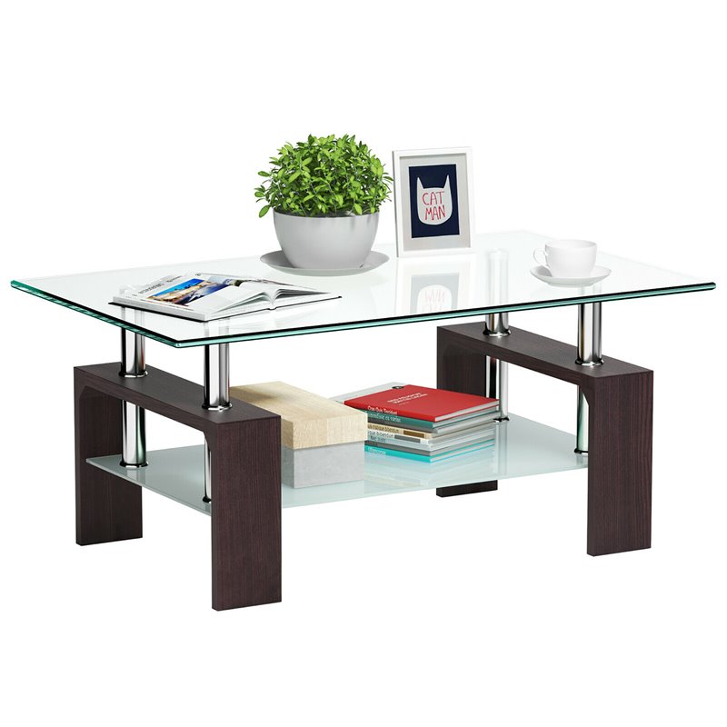 Costway Rectangular Tempered Glass and Wood Coffee Table with Shelf in Brown