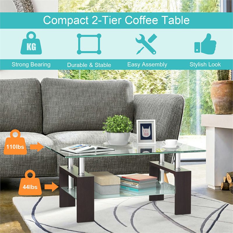Costway Rectangular Tempered Glass and Wood Coffee Table with Shelf in Brown