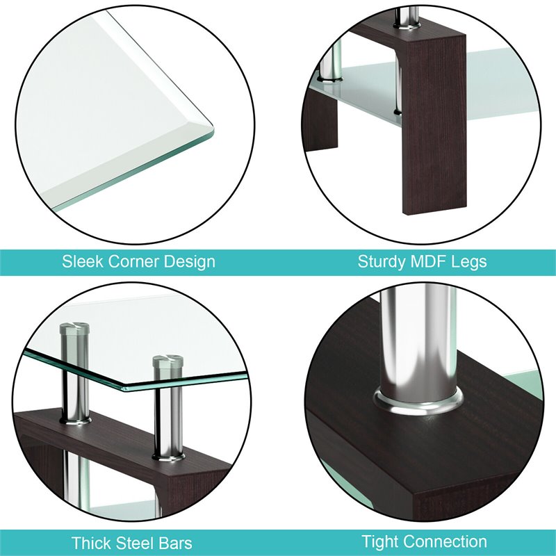 Costway Rectangular Tempered Glass and Wood Coffee Table with Shelf in Brown