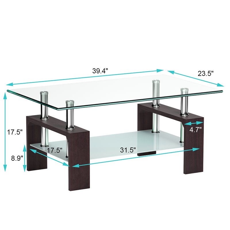 Costway Rectangular Tempered Glass and Wood Coffee Table with Shelf in Brown
