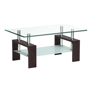 Costway Rectangular Tempered Glass and Wood Coffee Table with Shelf in Brown