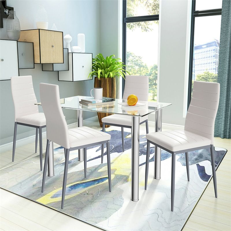 Costway 5-piece Glass and Steel Dining Set with Table and 4 Chairs in White