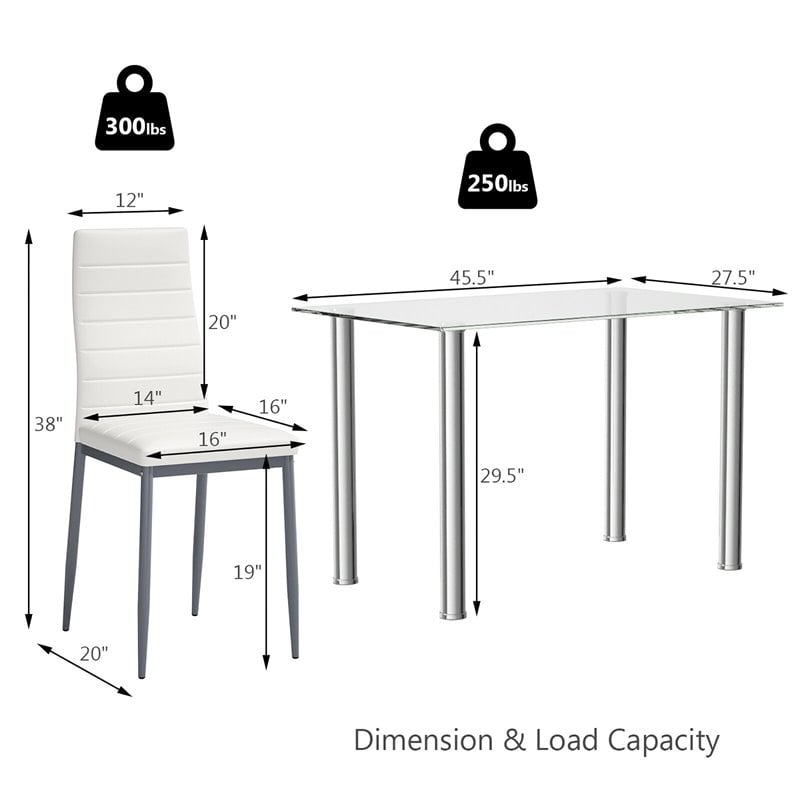 Costway 5-piece Glass and Steel Dining Set with Table and 4 Chairs in White