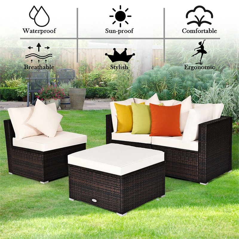 Costway 4-piece Contemporary Rattan and Steel Patio Sofa Set in White