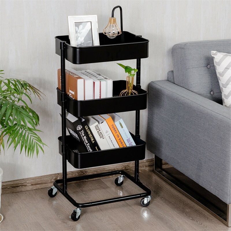 Costway 3-tier Iron Rolling Storage Cart with Adjustable Shelves in Black