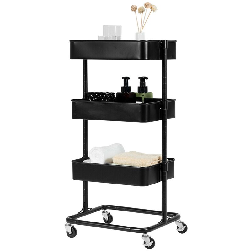Costway 3-tier Iron Rolling Storage Cart with Adjustable Shelves in Black