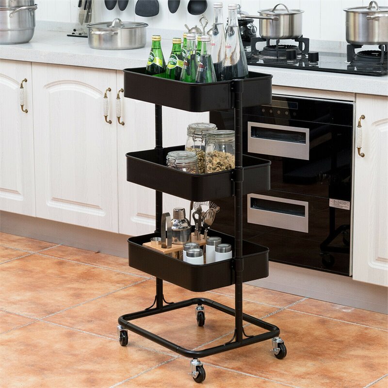Costway 3-tier Iron Rolling Storage Cart with Adjustable Shelves in Black