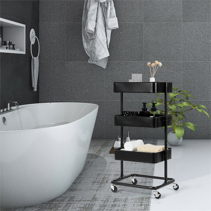 Costway 3-tier Iron Rolling Storage Cart with Adjustable Shelves in Black