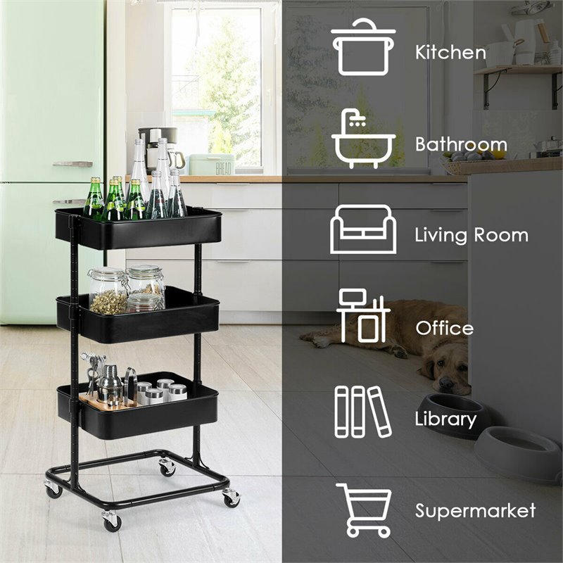 Costway 3-tier Iron Rolling Storage Cart with Adjustable Shelves in Black