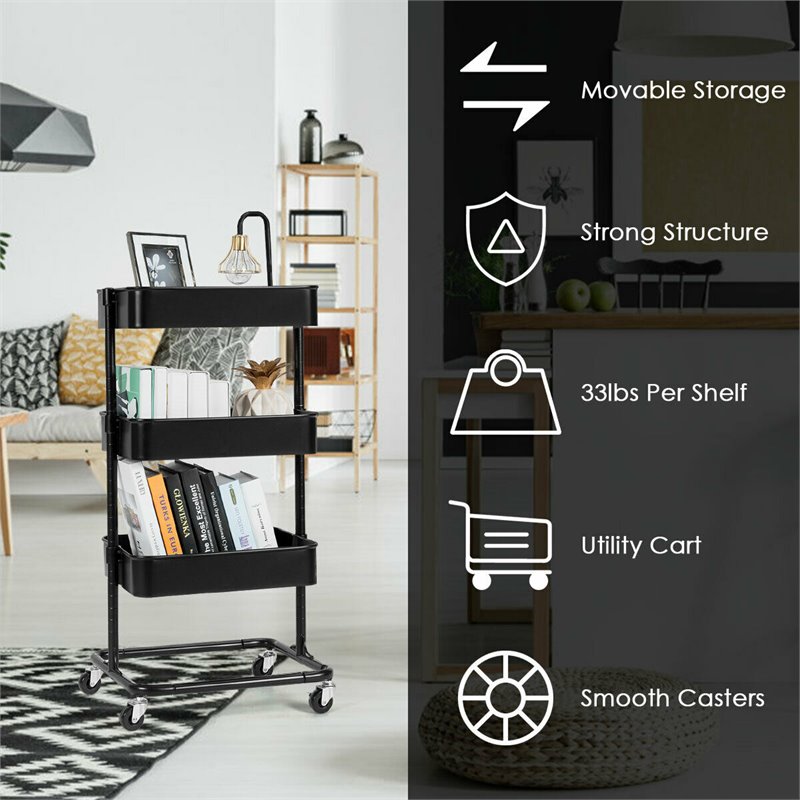 Costway 3-tier Iron Rolling Storage Cart with Adjustable Shelves in Black
