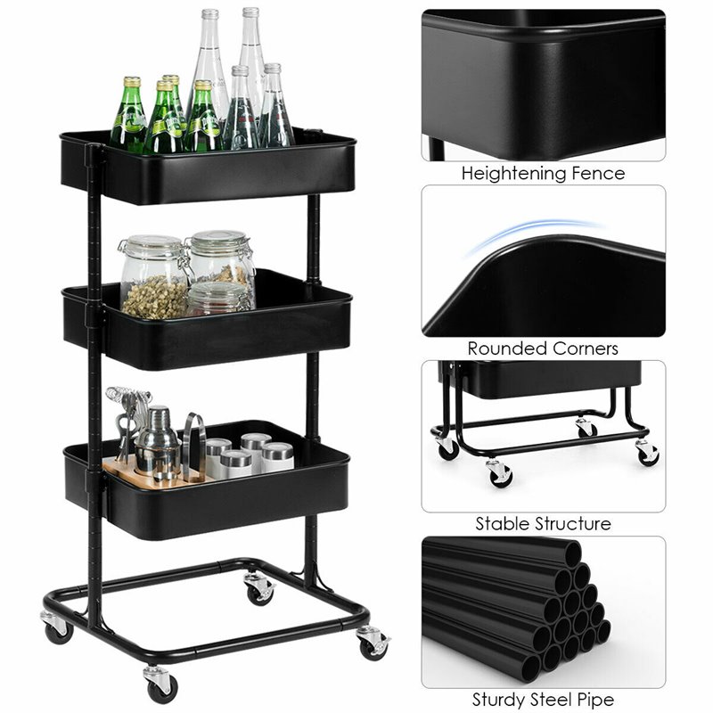 Costway 3-tier Iron Rolling Storage Cart with Adjustable Shelves in Black