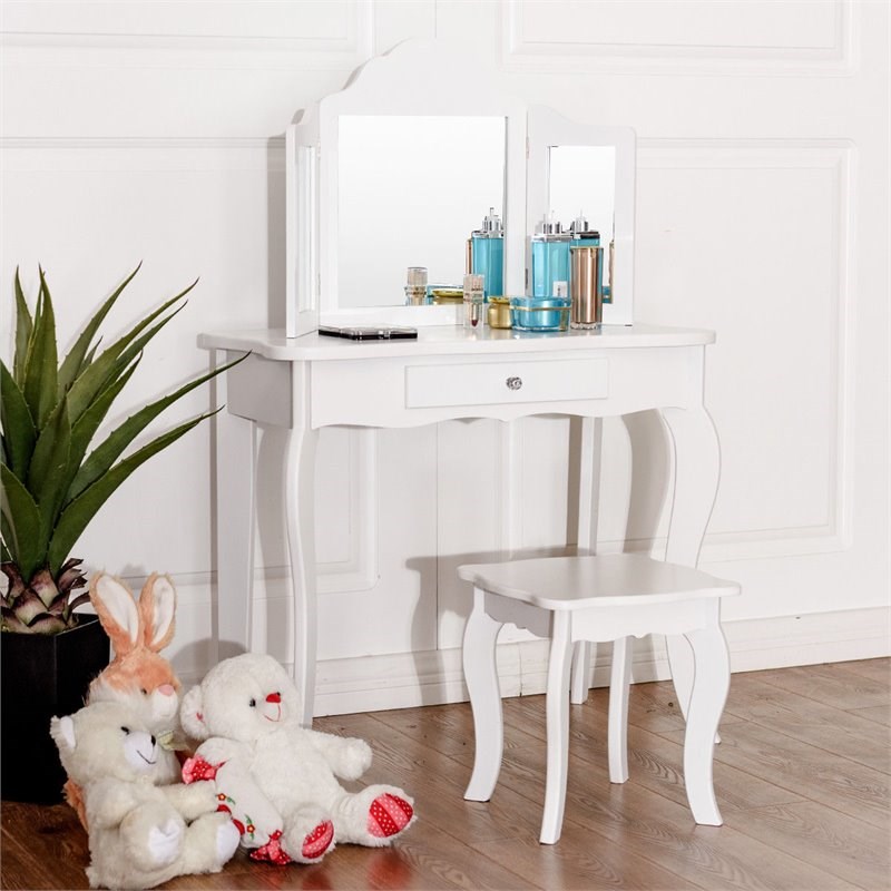 Costway Contemporary MDF and Mirror Makeup Desk Vanity Set in White