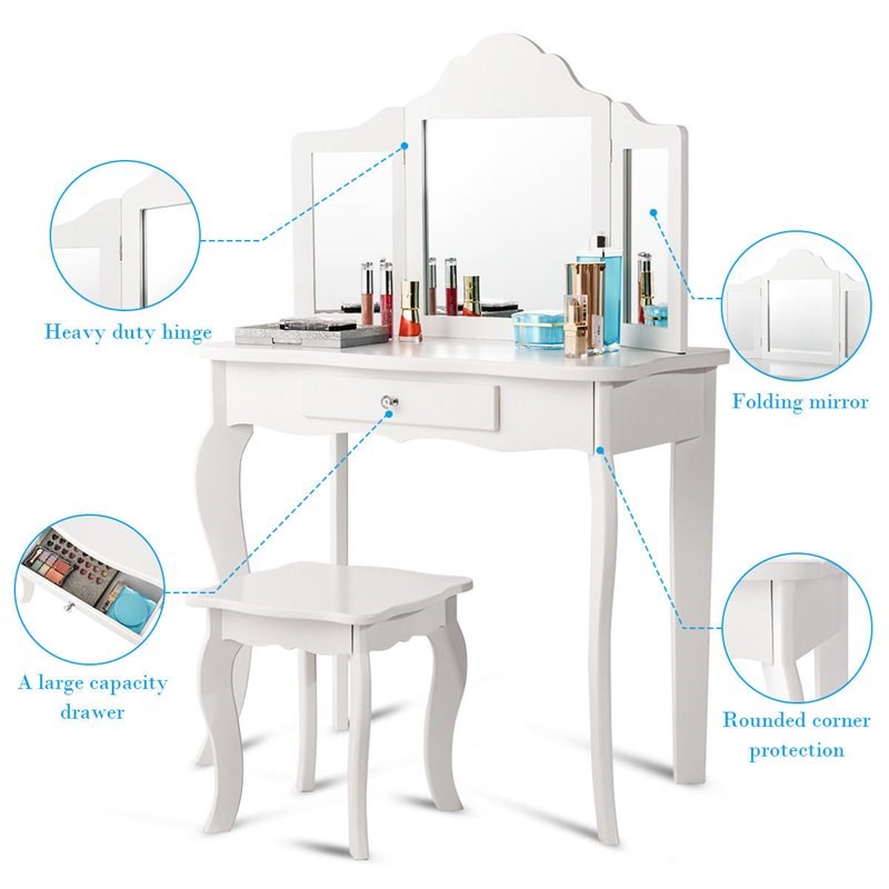 Costway Contemporary MDF and Mirror Makeup Desk Vanity Set in White