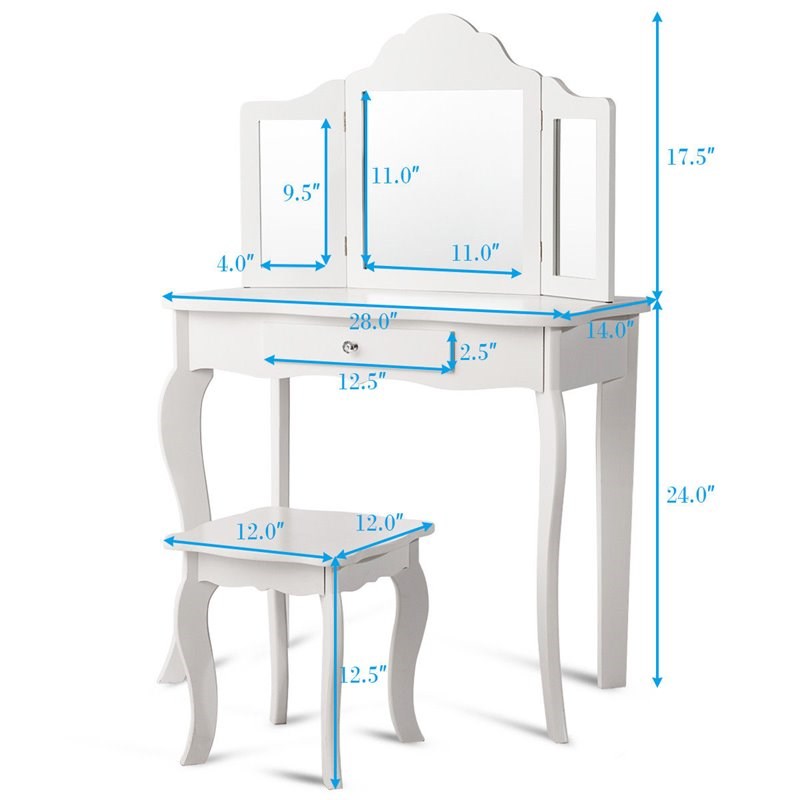 Costway Contemporary MDF and Mirror Makeup Desk Vanity Set in White