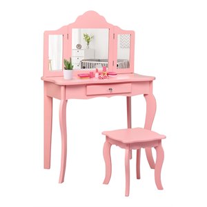 Costway MDF and Mirror For Girls Kids Vanity with Table and Stool in Pink