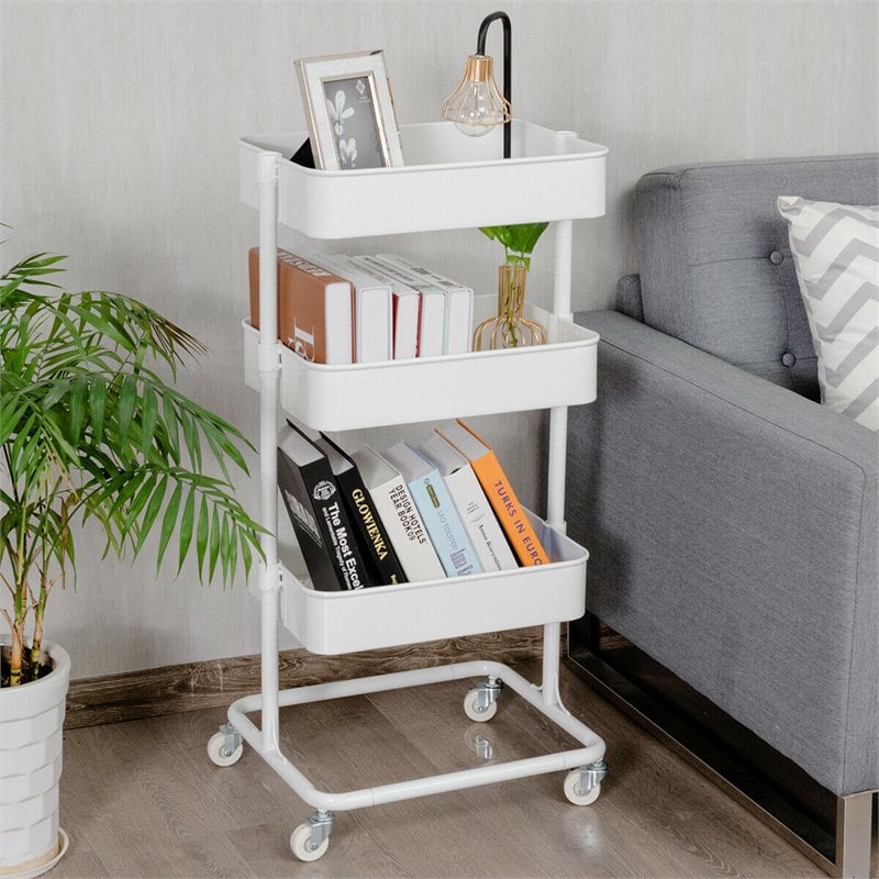 Costway 3-tier Iron Rolling Storage Cart with Adjustable Shelves in White